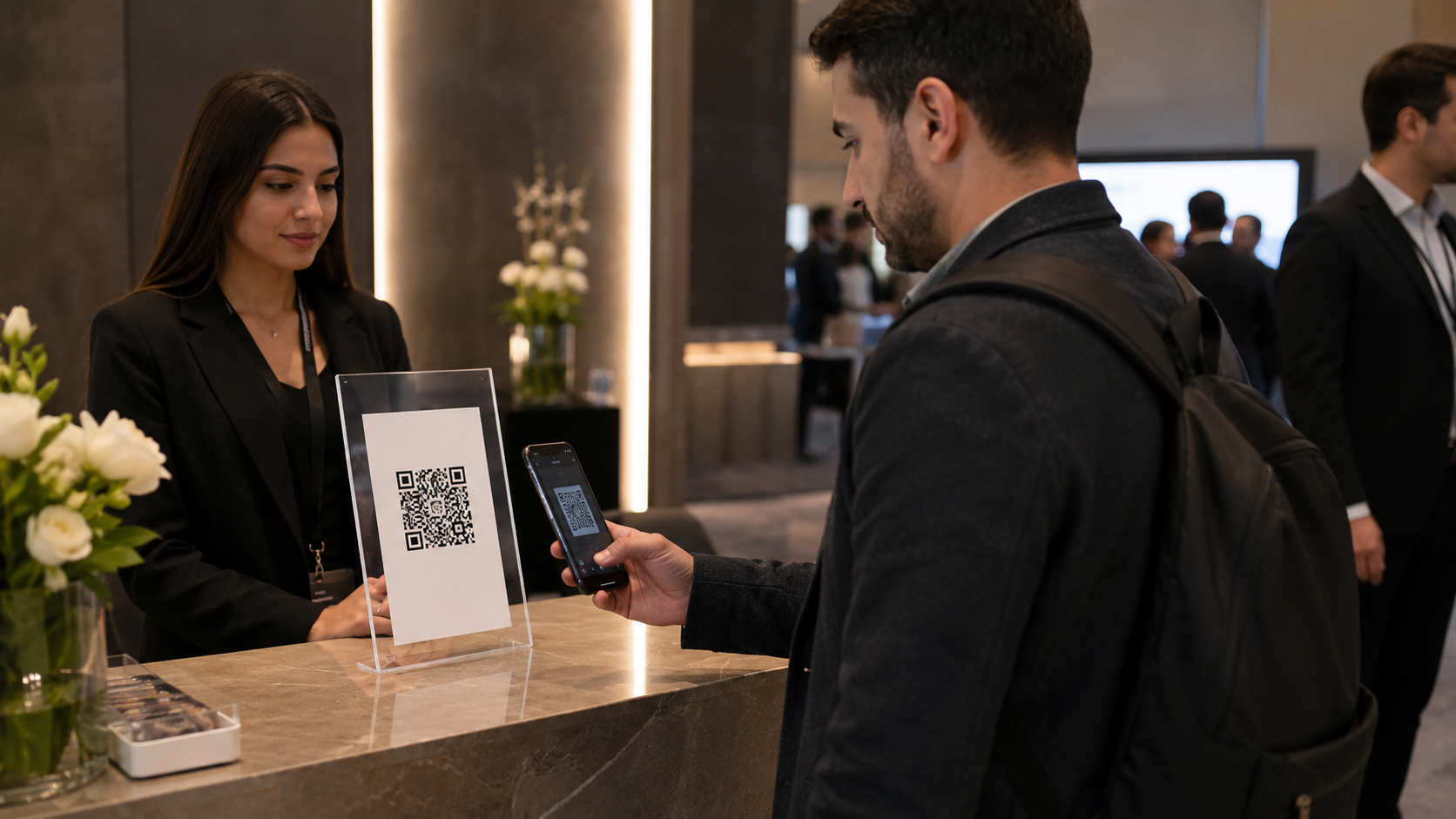 Visitante escanea un código QR con su celular en un stand