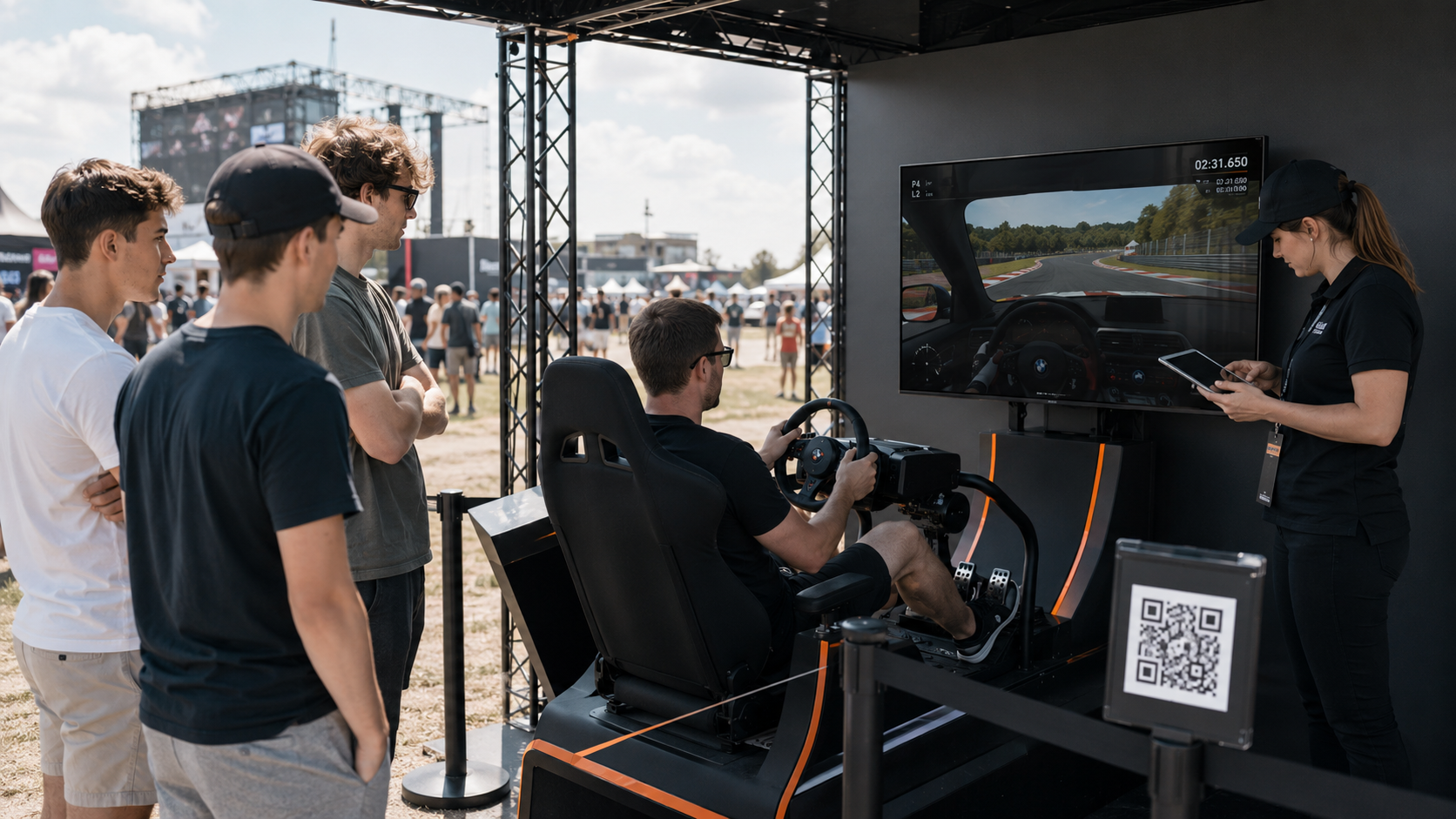 Simulador de carreras: visitante maneja en un setup con volante y pantalla
