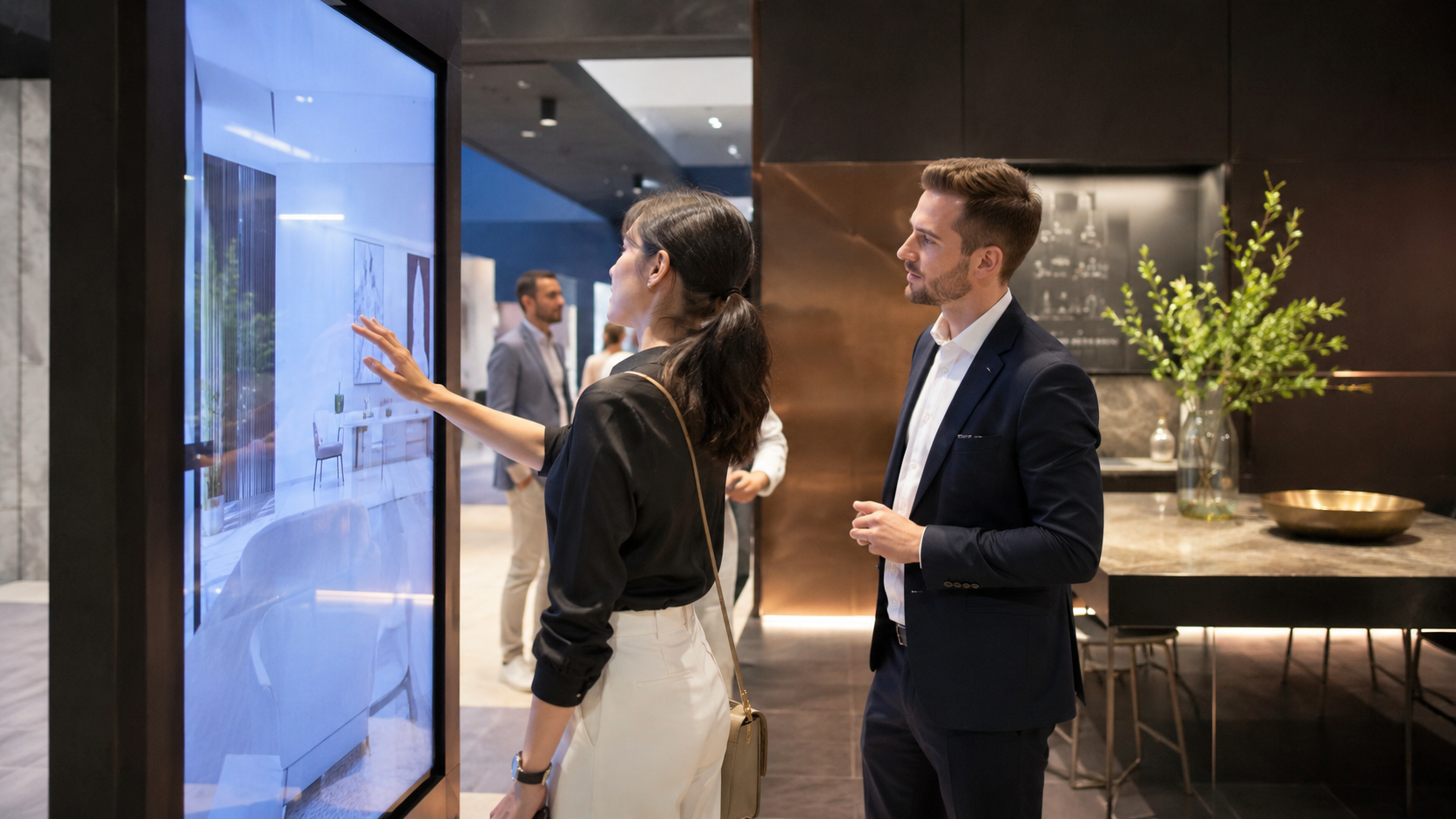Pareja interactúa con una pantalla touch en un stand premium