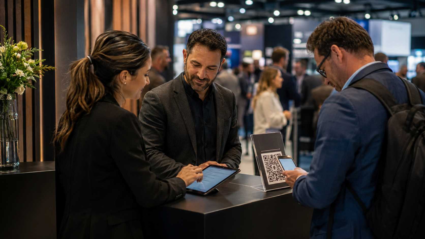 Tres ejecutivos en stand de feria revisando información en tablet y QR