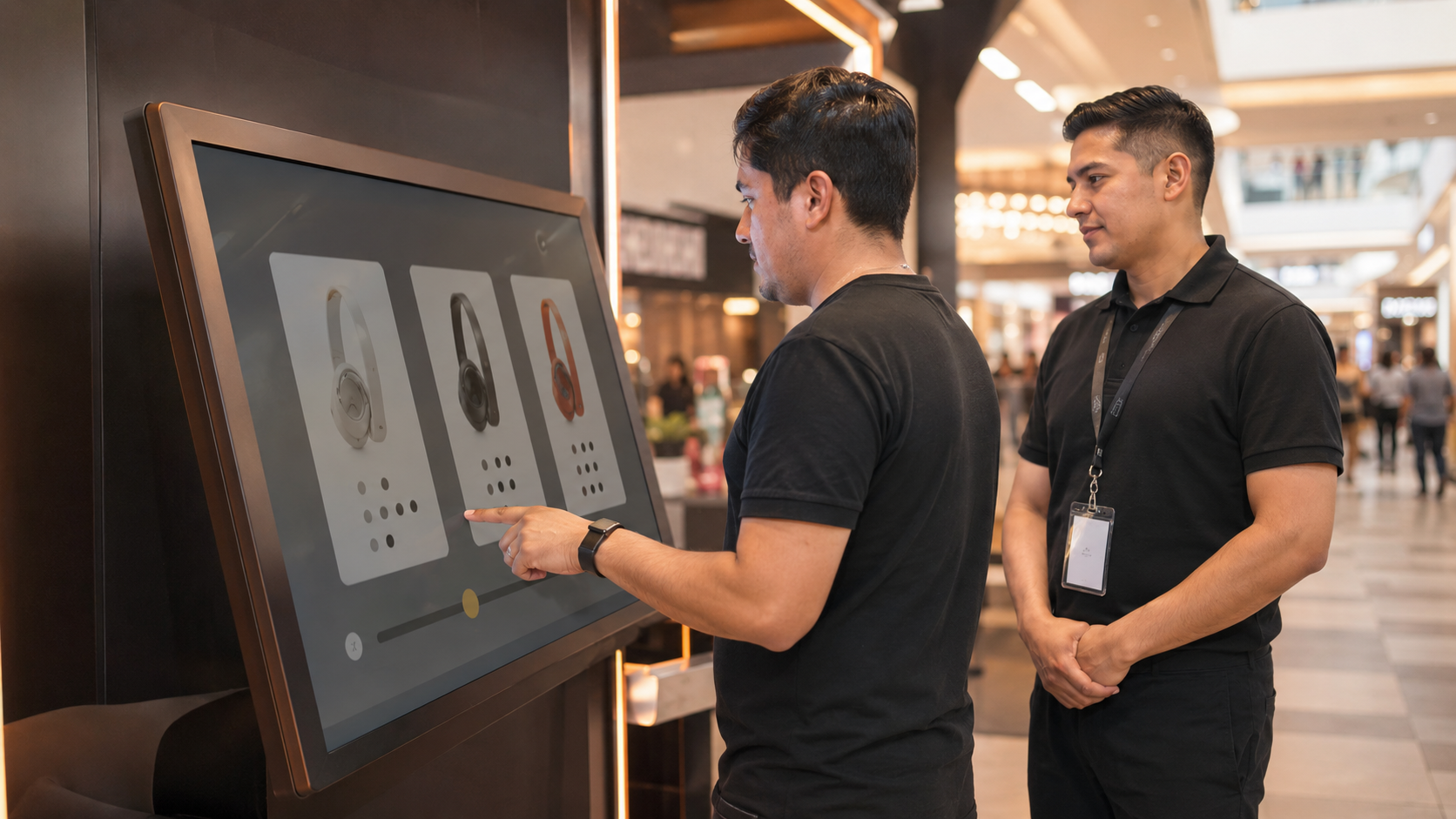 Personas explorando productos en una pantalla táctil de showroom
